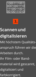 Scannen  und digitalisierenMit höchstem Qualitäts- anspruch führen wir die Arbeiten durch.  Ihr Film- oder Band-material wird gescannt, digitalisiert und farbkorrigiert.    3.